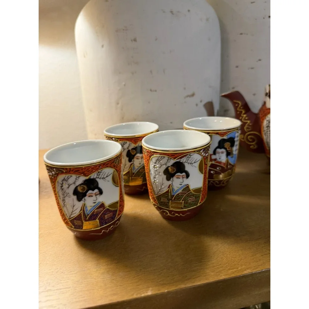 Kutani Handpainted Japan‎ Teapot and 6 Cups Geisha Scene